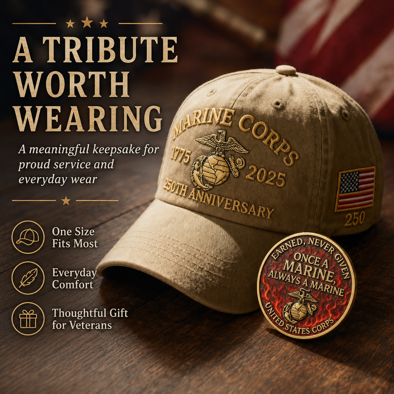 ⚡ Limited Production -Stock Moves Quickly ⚡250th USMC Retro Embroidered Cover🎁 Free Honor Coin With Every Cap Purchase