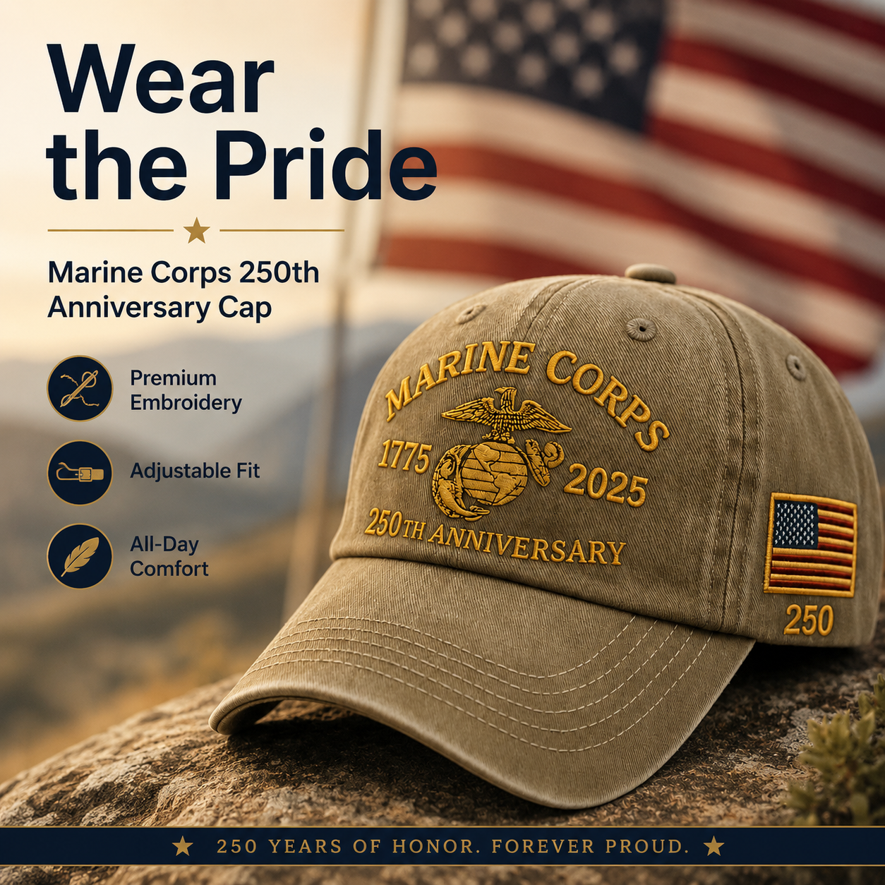 ⚡ Limited Production -Stock Moves Quickly ⚡250th USMC Retro Embroidered Cover🎁 Free Honor Coin With Every Cap Purchase