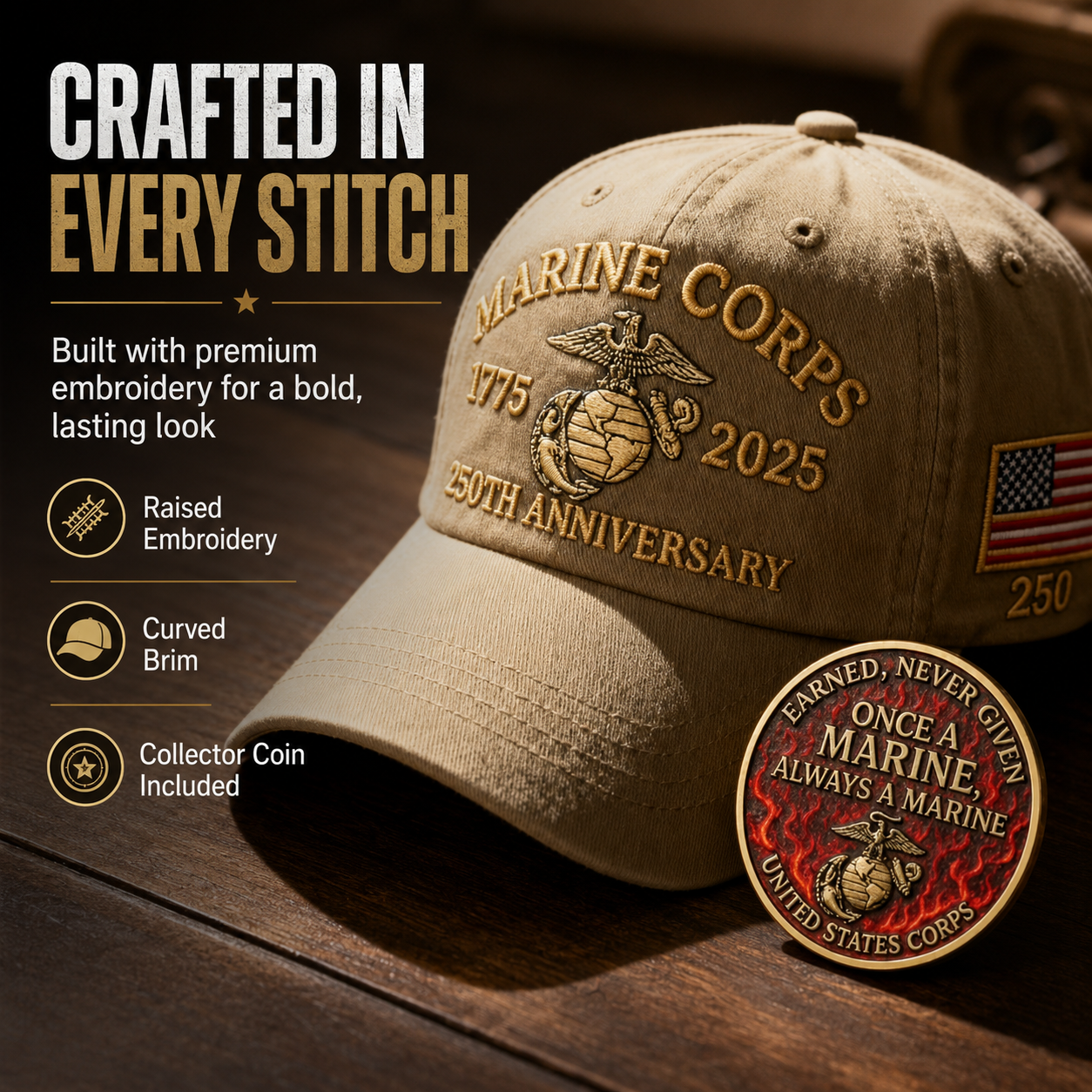 ⚡ Limited Production -Stock Moves Quickly ⚡250th USMC Retro Embroidered Cover🎁 Free Honor Coin With Every Cap Purchase