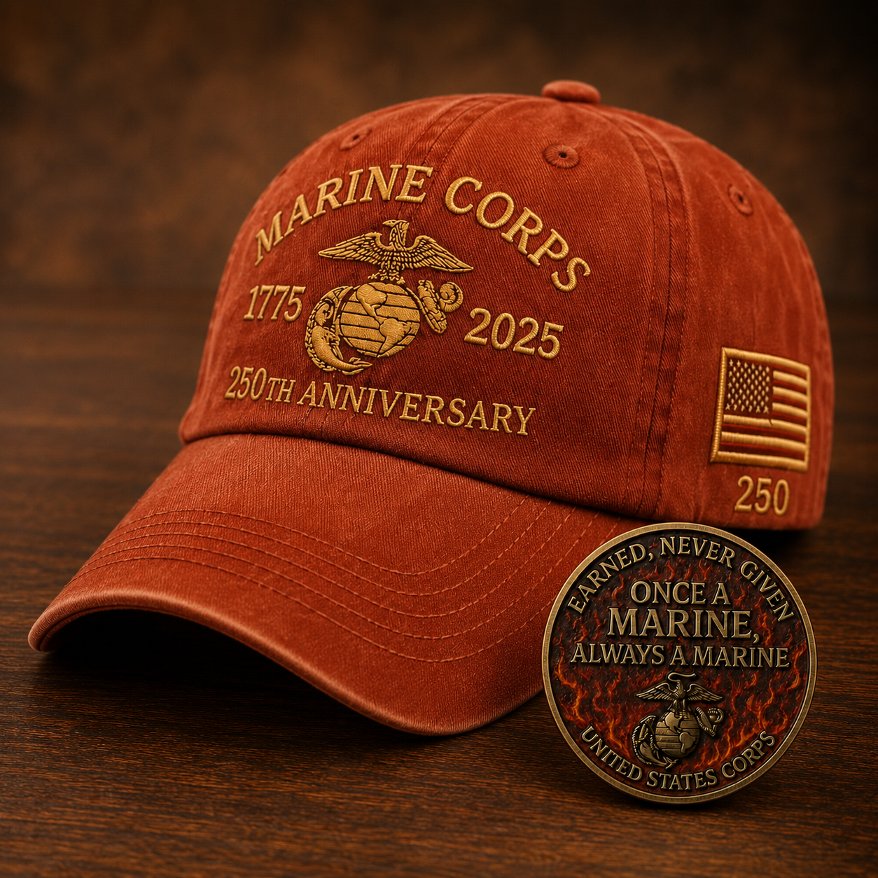⚡ Limited Production -Stock Moves Quickly ⚡250th USMC Retro Embroidered Cover🎁 Free Honor Coin With Every Cap Purchase