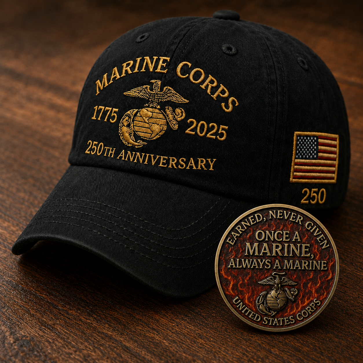 ⚡ Limited Production -Stock Moves Quickly ⚡250th USMC Retro Embroidered Cover🎁 Free Honor Coin With Every Cap Purchase