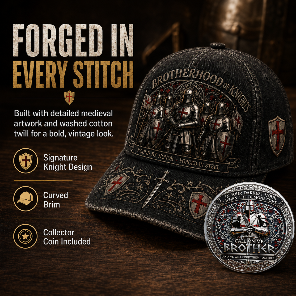 🔥Limited time 70% OFF - ⚔️ Brotherhood Of Knights Honor Cap 🎁 Free Honor Coin With Every Cap Purchase